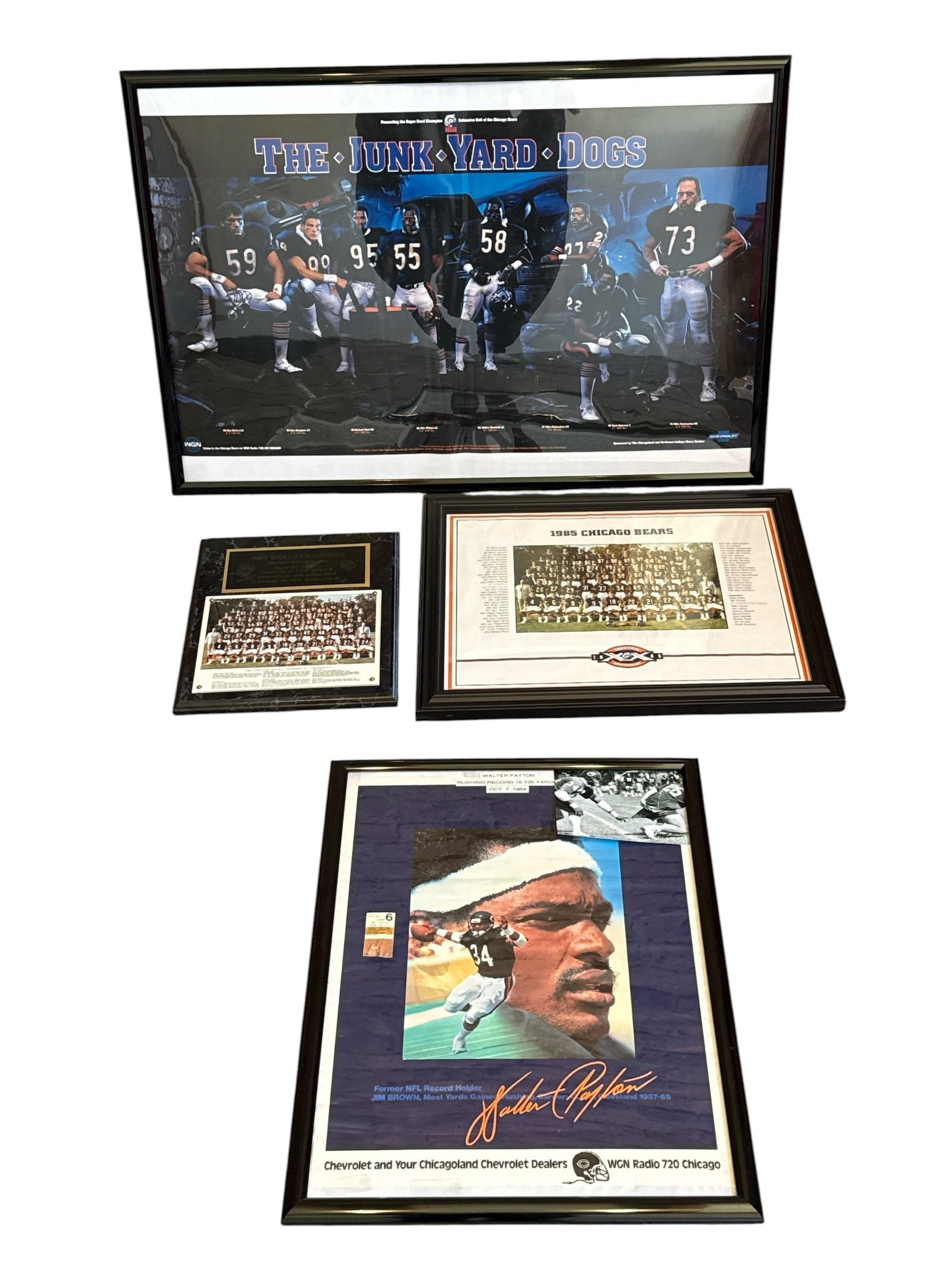 CHICAGO BEARS Super Bowl and WALTER PAYTON Posters / Memorabilia: Largest pieces measures in frame: 24" H x 36" W x .5" D.