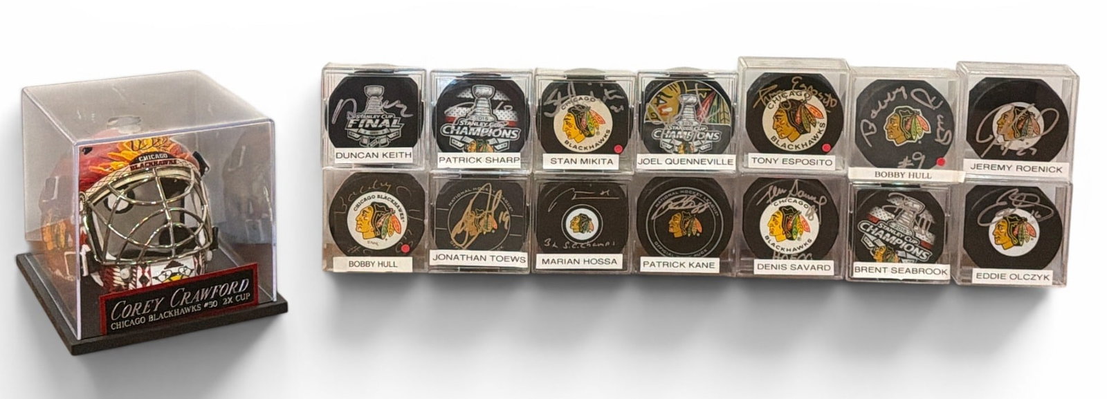 Collection CHICAGO BLACKHAWKS Autographed Hockey Pucks, Helmet w/ COAs (1 of 3)