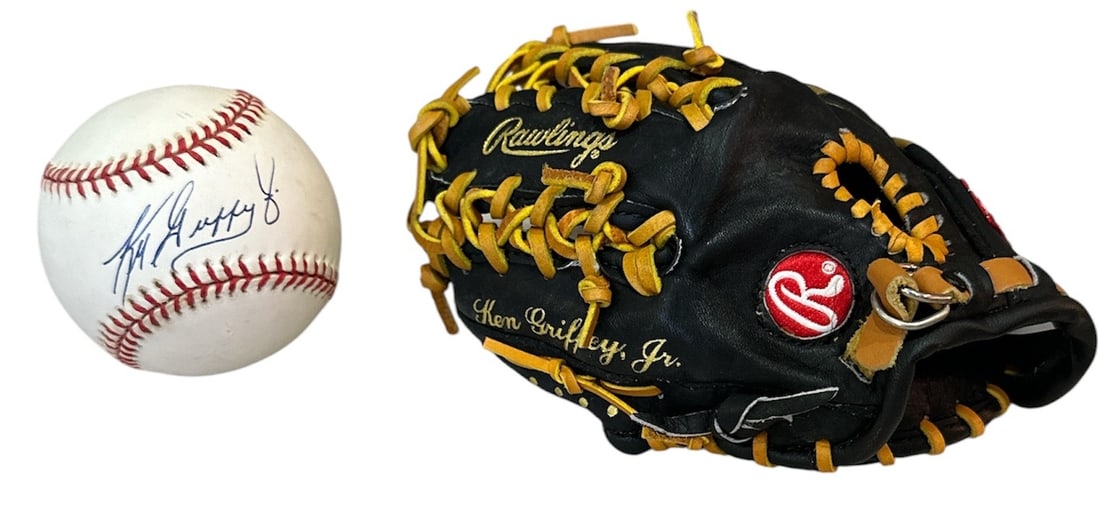 Autographed KEN GRIFFEY JR. baseball w/ COA: Comes with a Carson Pirie Scott COA and a mini leather Rawlings baseball glove and stand with plaque