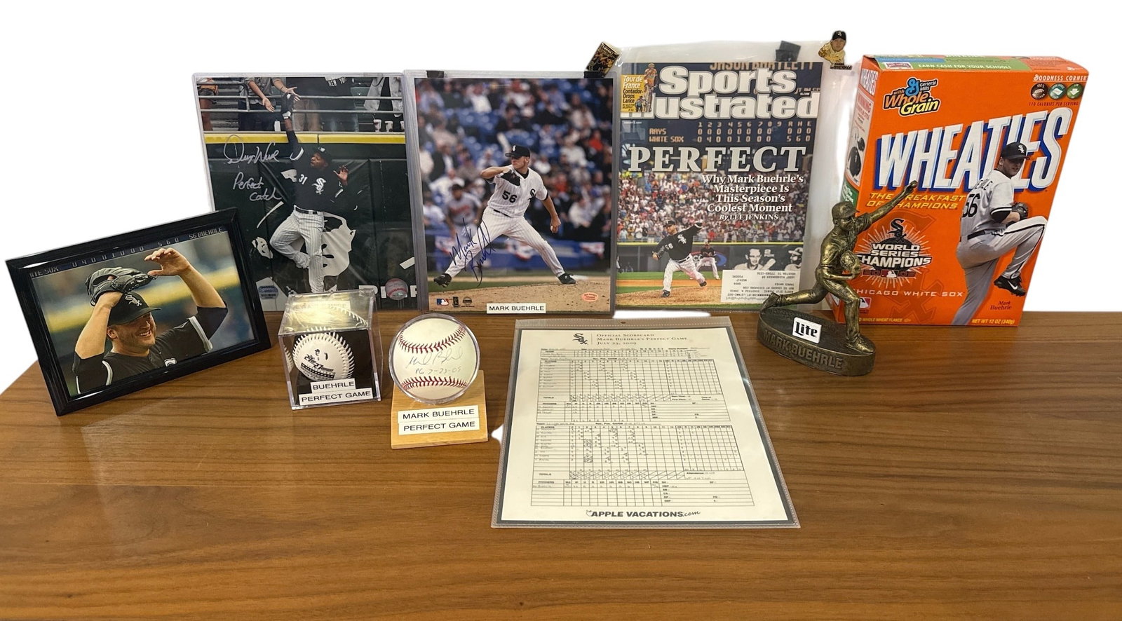 MARK BUEHRLE Autographed Baseball, Commemorative Perfect Game Collection, CHICAGO WHITE SOX: Includes DeWayne Wise "Perfect Catch" autographed picture, Mounted Memories COA. Autographed Buehrle baseball includes Grandstand Sports COA.