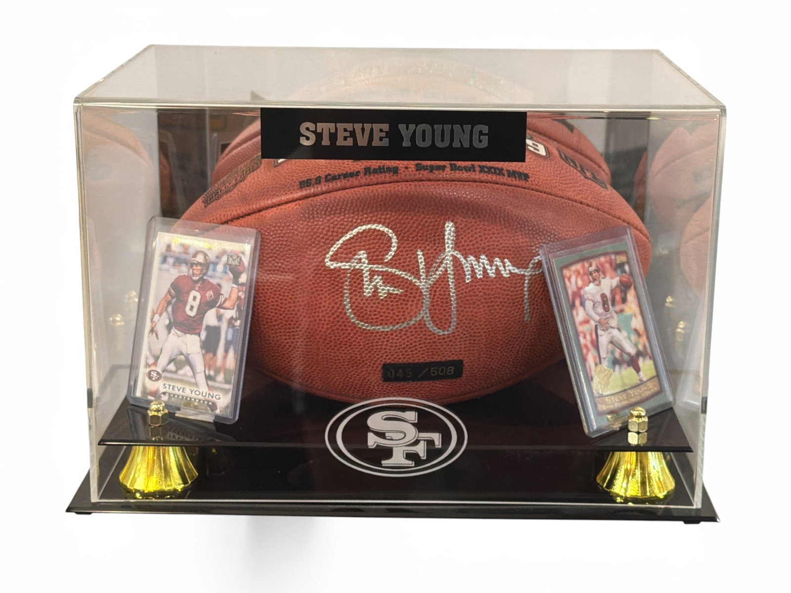 Authentic Autographed STEVE YOUNG San Francisco 49ers Football: Includes the limited edition, 45/508 signed football from the 2005 Hall of Fame Induction, a Topps Action Flat #3 card, and a Scoreboard Inc. #55 card. Also includes Fanatics Hologram Verification car