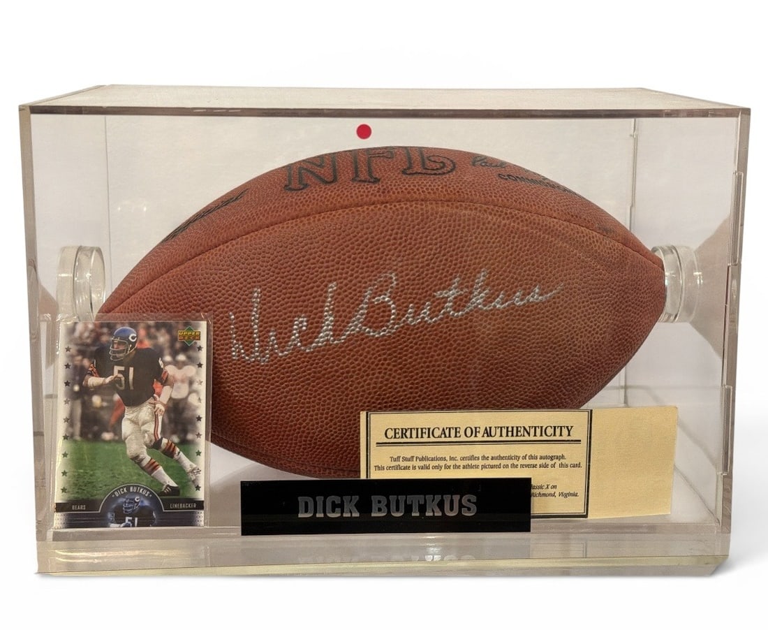 Autographed DICK BUTKUS Chicago Bears Football: COA TUFF STUFF, ball has original Wilson's tag, card is UPPER DECK 2005 #80 trading card. Case measures 7. 5" H x 11. 75" W x 7. 5" D.