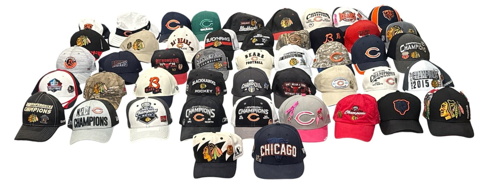 Vintage CHICAGO BEARS and CHICAGO BLACKHAWKS Hats, 40+: Over 40 hats. Includes Chicago Blackhawks Logo Athletic Sharktooth. Vintage to recent releases. Mostly adjustable backs.