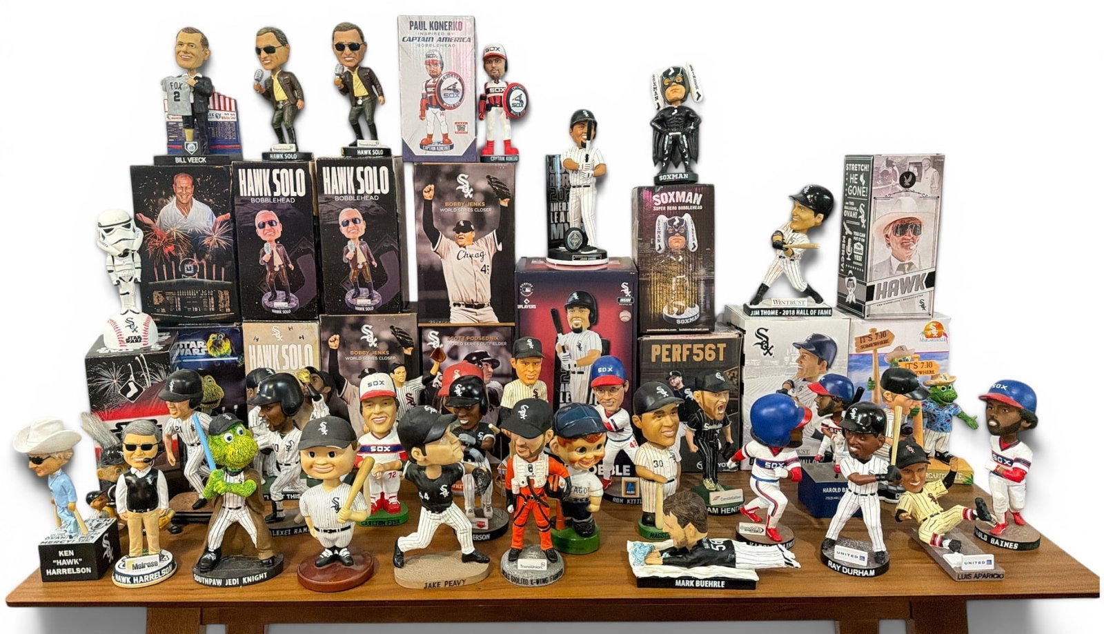 Large Collection of CHICAGO WHITE SOX Baseball Bobble Heads: Mostly bobbleheads. Includes but not limited to Star Wars special edition pieces like Hawk Solo, Southpaw Jedi Knight, etc. , a Margaritaville edition of Southpaw, Mark Buehrle, Jake Peavy, Bobby Jenk