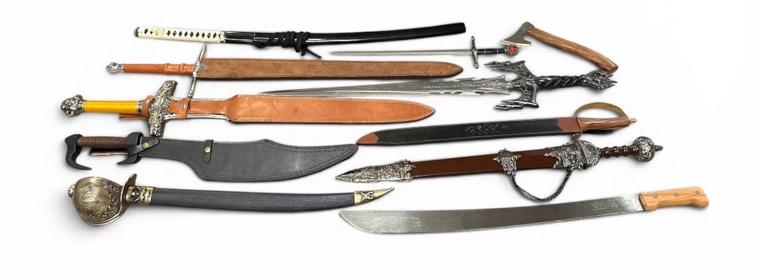 Assortment Cosplay Fantasy Swords: KIT RAE, Conan The Barbarian, Leonidas Spartan 300, Samurai, Pirates of the Caribbean Etc. . . Largest measures 40" L ( KIT RAE)