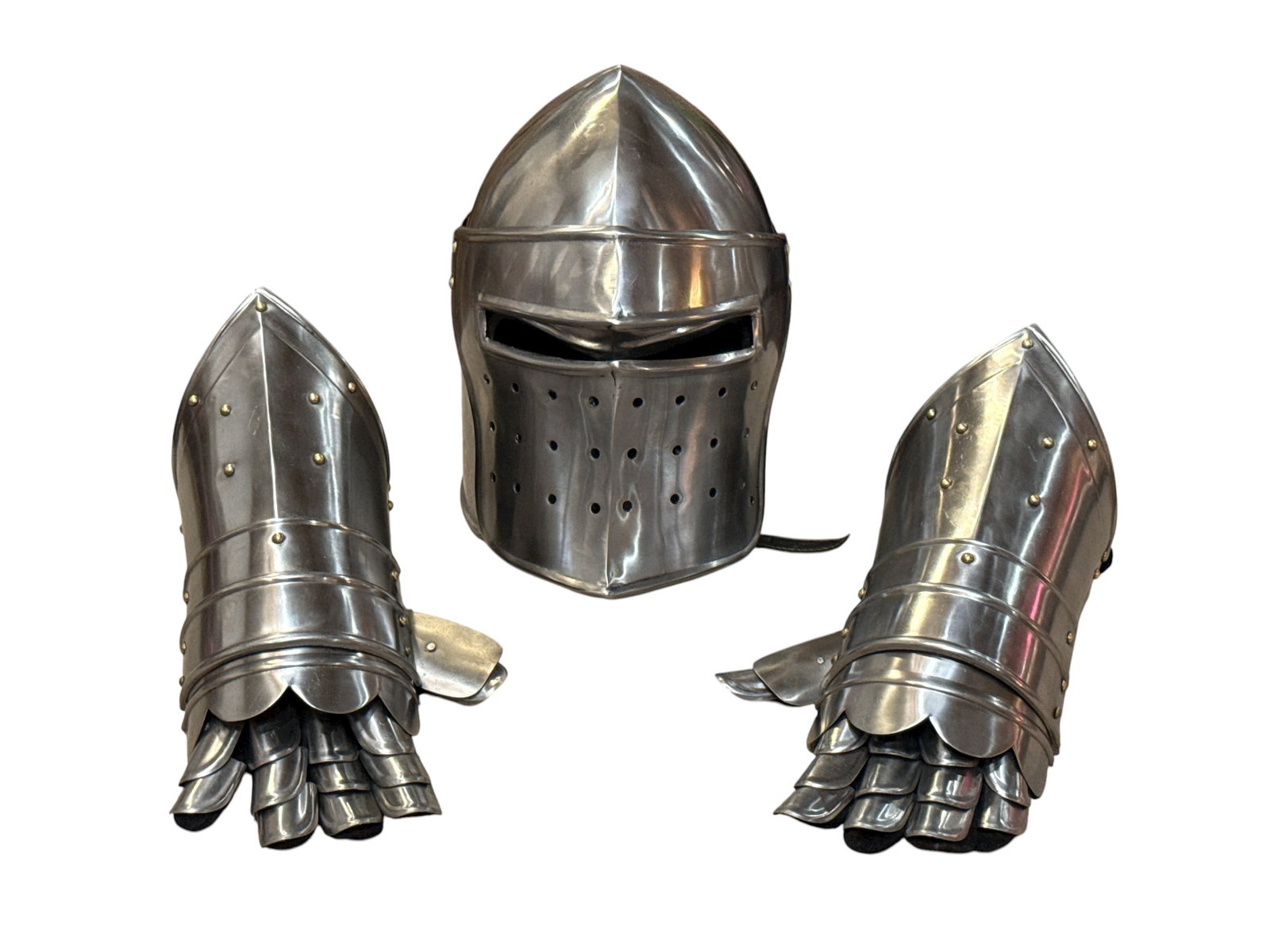 Medieval Armor Cosplay Helmet and Gloves: Stainless steel. Helmet is 12" H x approx. 9" diameter.