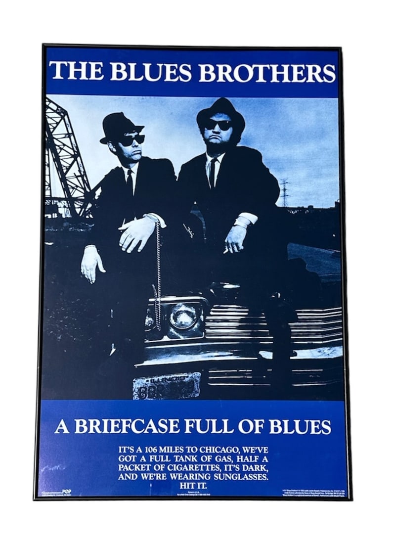 Vintage BLUE BROTHERS Movie Poster: Measures in frame: 35" H x 23" W x 1" D.