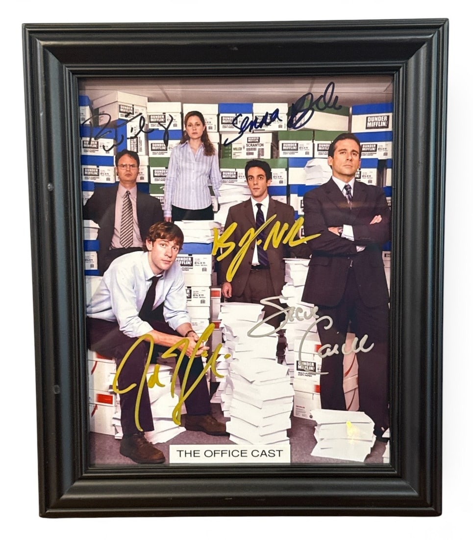 THE OFFICE Cast Autographed Photograph w/ COA: Photograph with cast signatures from The Office including Steve Carell, Rainn Wilson, John Krasinski, Jenna Fischer and B. J. Novak. Includes COA from Starstruck Trading Company.