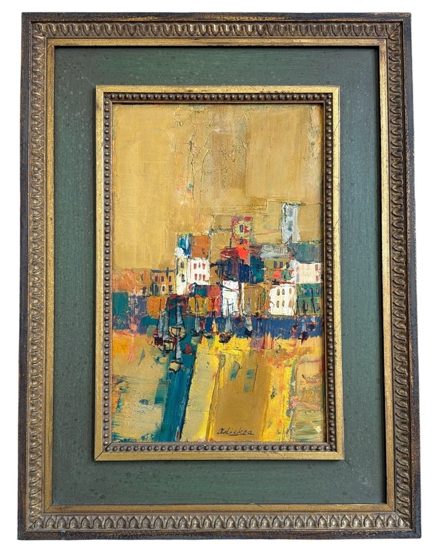DAVID ADICKES (American, Texas, 1927-2025) Oil on Board Cityscape Painting: Oil on board. Signed in lower margin. Measures 23.5" x 18" x 1.5" in frame. Sight measures 15.5" x 9.75".