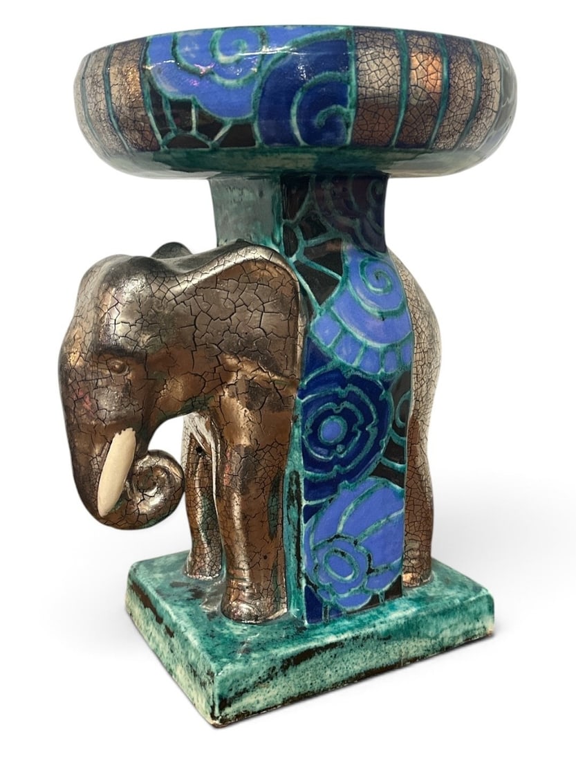 EDOUARD CAZAUX (French, 1889-1974) Ceramic Elephant: Measures 13" H x 9" overall diameter. Signed on the bottom.