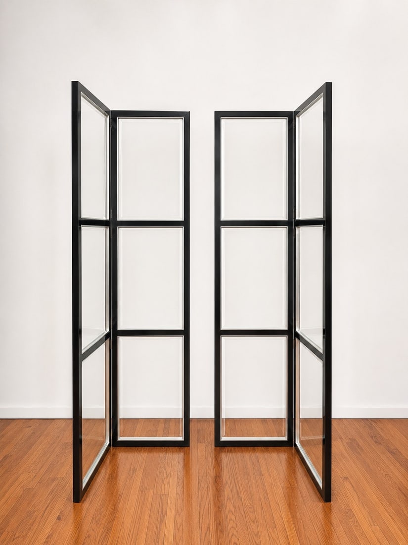 8 Foot French Industrial Modernist Architectural Corner Panels: Each measure 8' H. Each screen is 24" W. Third Party Courier only.