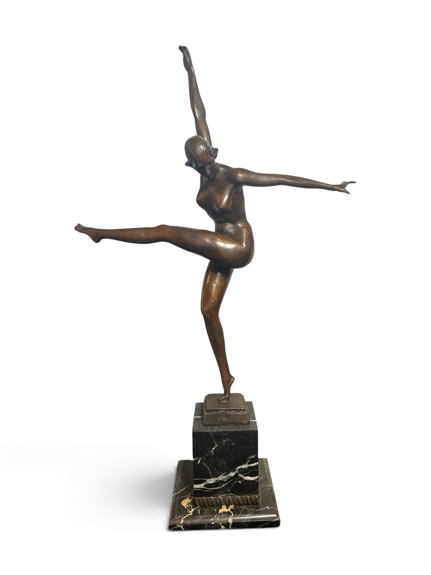 After DEMETRE CHIPARUS (1886-1947) Bronze Art Deco Nude Woman Sculpture: 24" H x 14" W x 5.5" D