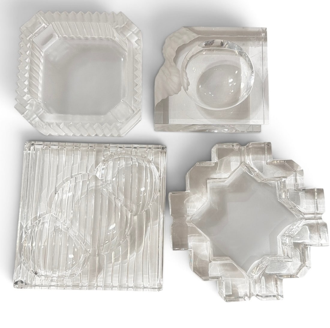 Four Art Deco Crystal Ashtrays, KRISTALL KRISLA: Largest measures 1.75" H x 6.25" W x 6.25" D.