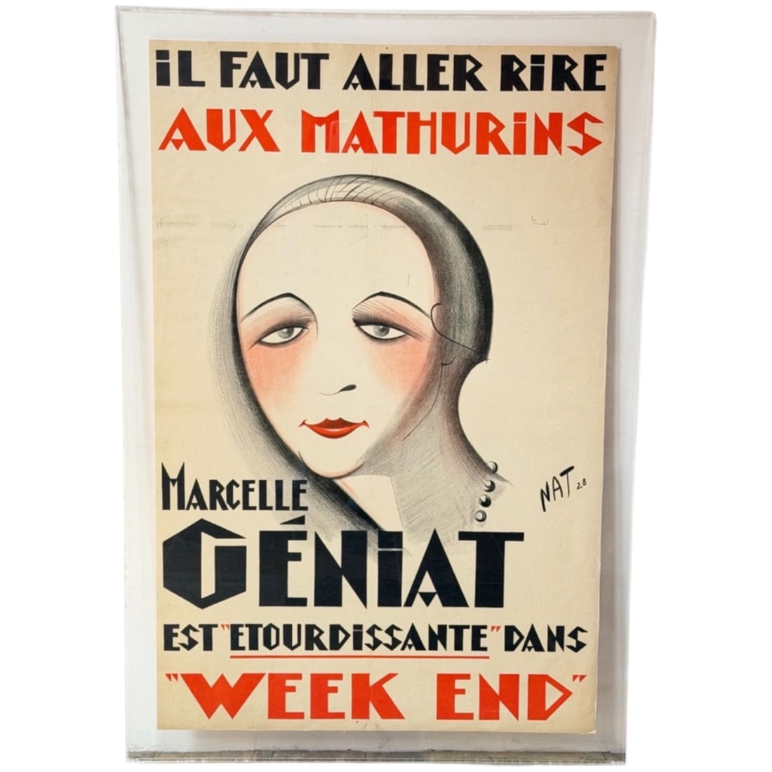 Original Marcelle Geniat French Art Deco Advertising Poster, JEAN NATHAN: French Art Deco poster advertising the operetta "Week-End" staged at the Theatre des Mathurins in Paris. Color lithograph, linen-backed. Signed NAT 28 (Jean Nathan). Measures 50" x 34" in frame, sight