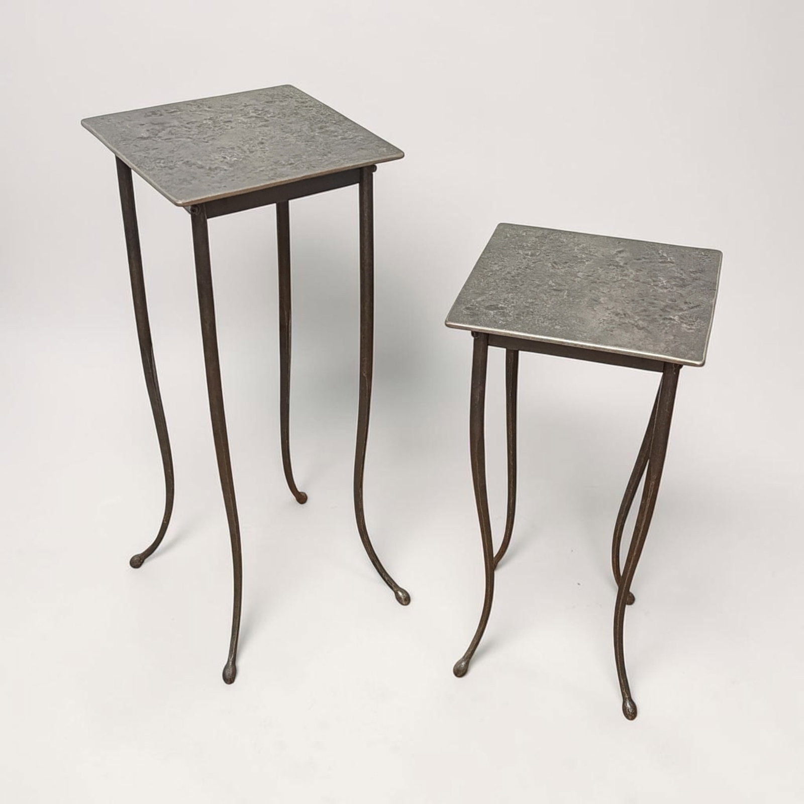 Two Brutalist Iron Drink Tables: Taller one measures 30" H x 12" W x 12" D. shorter one measures 24" H x 12" x 12".