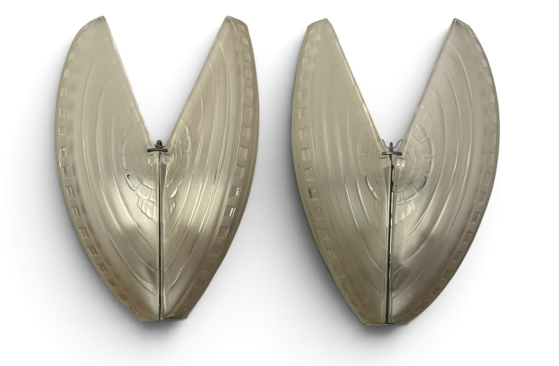 MARIUS ERNEST-SABINO (1878-1961) French Art Deco Sconces: Each fixture measure approx. 16" H x 10" W x 5" D. ?Sabino 4830 France" engraved to glass.
