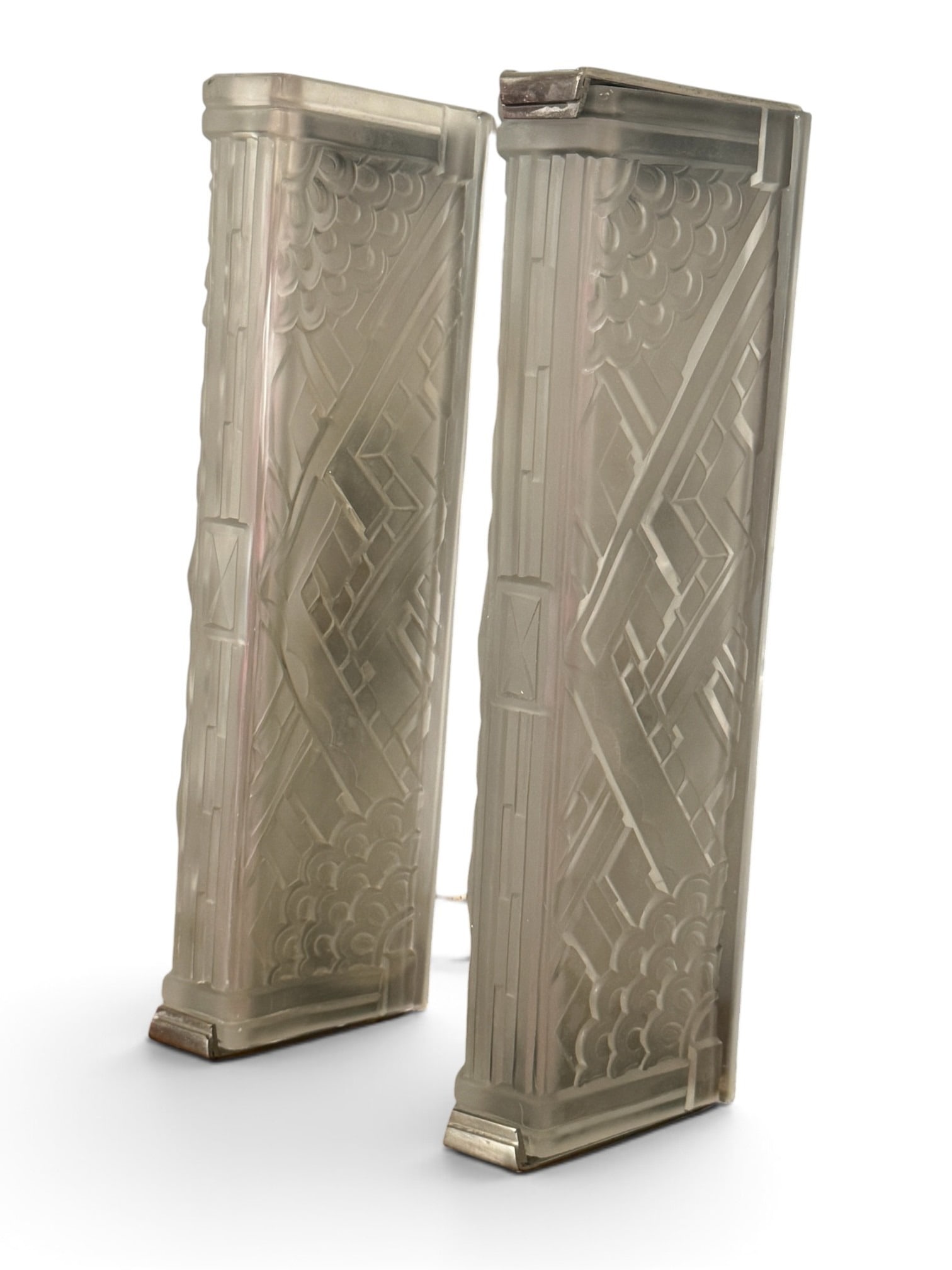 MARIUS ERNEST-SABINO (1878-1961) French Art Deco Sconces: Each measure approx. 15.5" H x 4.5" W x 4.5" D. "Sabino 4650 Paris- Depose" engraved to glass.