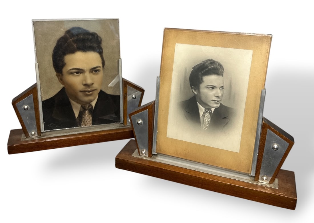 Pair French Modernist Art Deco Picture Frames: Specifically purchased in Paris for a French Art Deco retrospective exhibition in America. One is slightly larger at 11" H x 12.75" W x 3.25" D, the other measures 10.5" H x 12.75" W x 3.25" D. Each