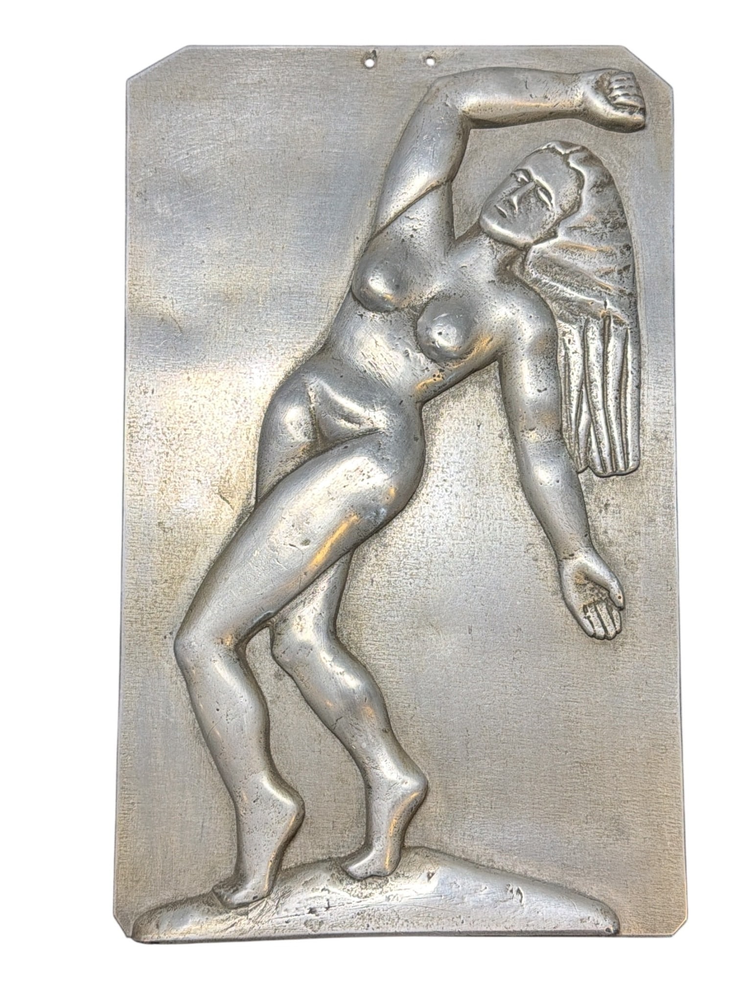 Art Deco Metal Relief of Dancer Art Plaque: Measures 11" x 6.75" W. Purchased in Paris for a French Art Deco retrospective exhibition in America , most like a heavy gauge Aluminum which is fitting for age