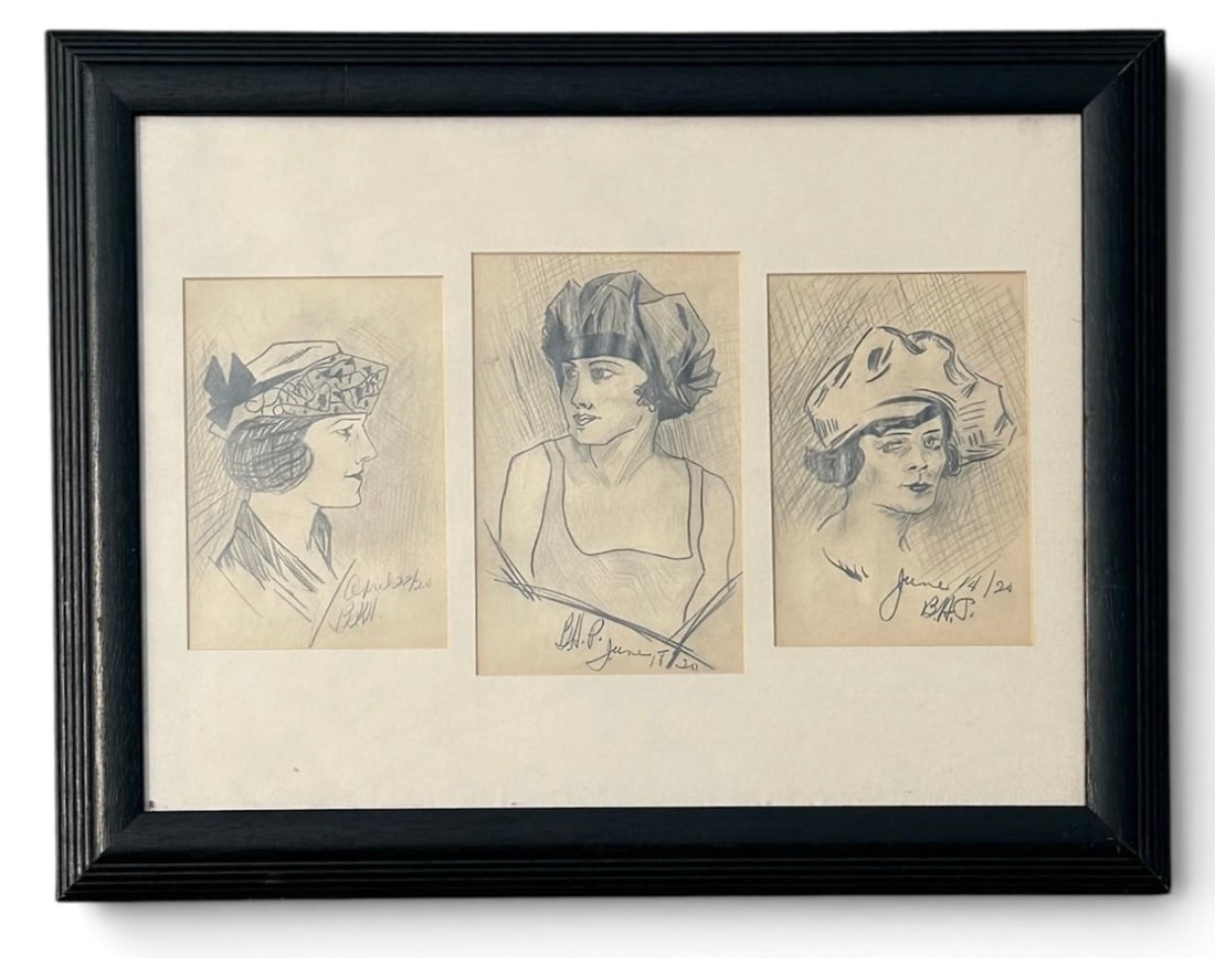 Framed Signed Original Flapper Girl Drawings: Features three sketches of a woman from June 14th, 1920 and June 14th, 1920 to April 22nd, 1924. Signed in each cell by B.A.P. Measures 14.75" x 18.5" in the frame.