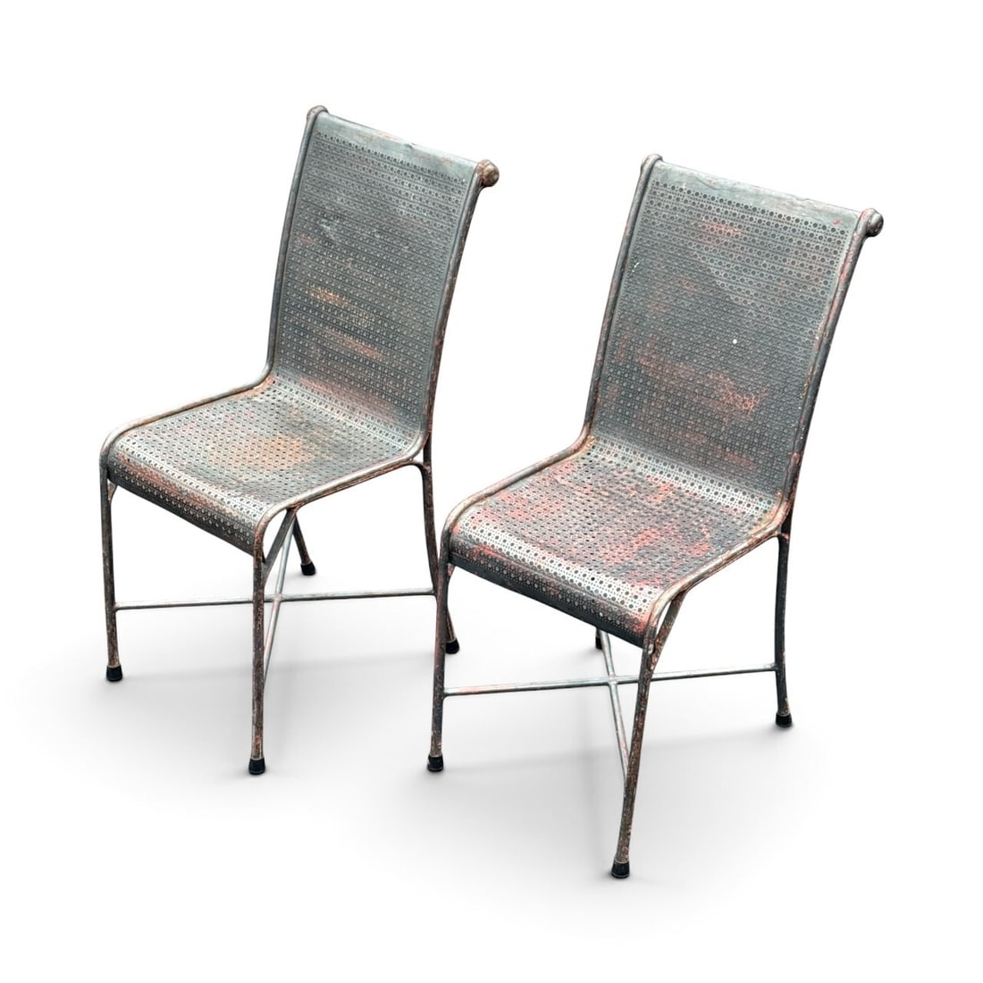 A Pair of Antique French Industrial Wrought Iron Accent Chairs, Early 20th C.: French, early 20th C. Wrought iron construction. 34" H to back x 17" H to seat x 15" W x 19" D.