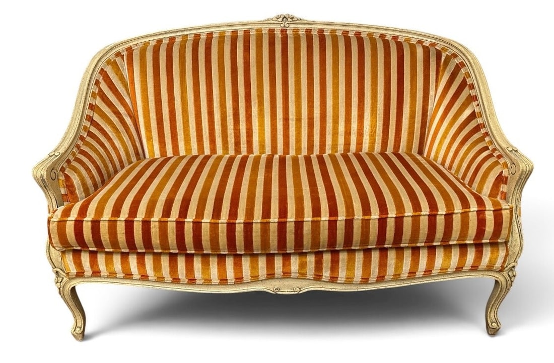 French Louis XVI Style Settee Sofa: 34" H to back x 18" H to seat x 51.5" W x 29" D.