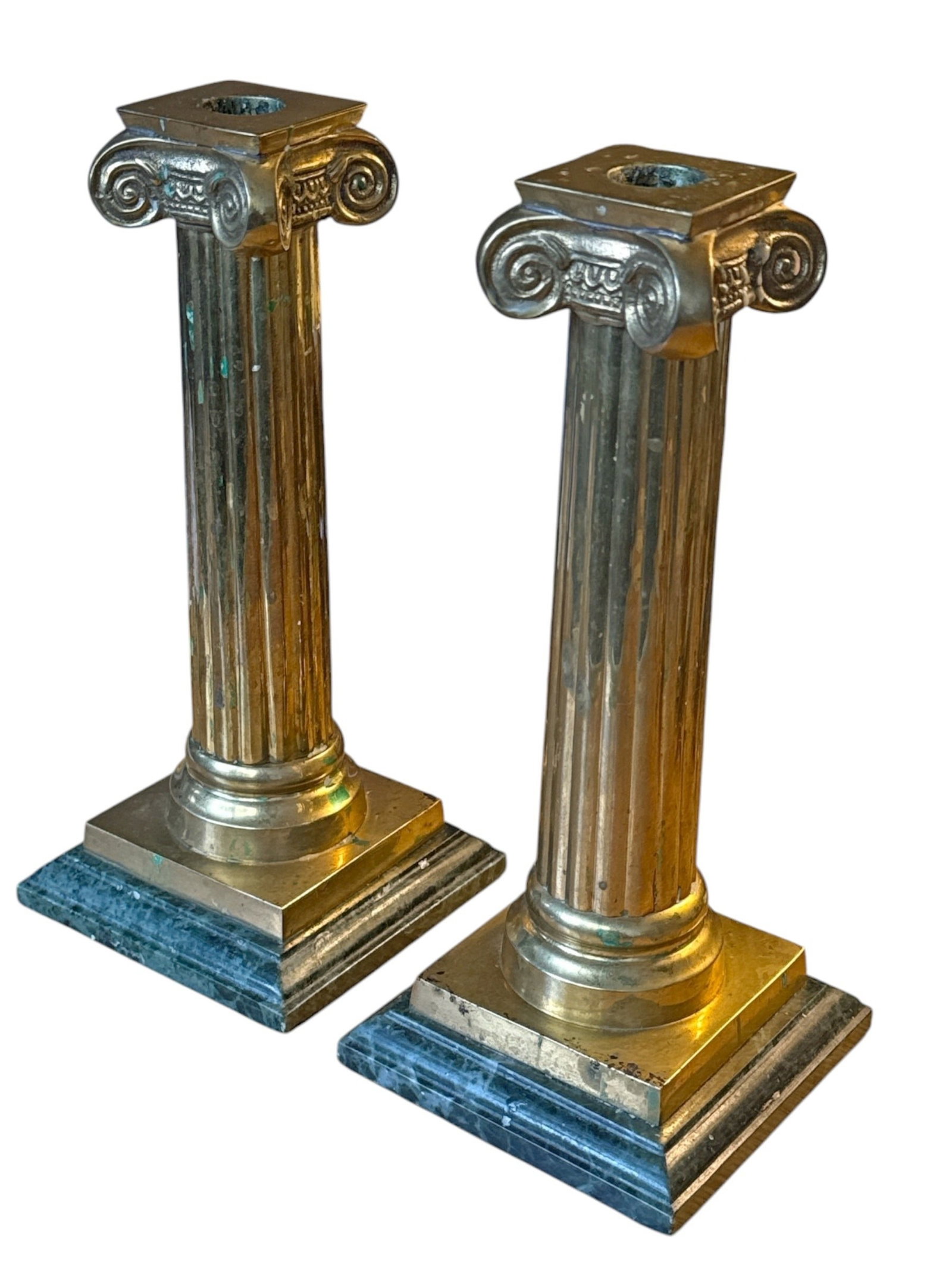 Pair of Italian Brass and Marble Column Candle Holders: 10.25" H x 4.5" W x 4.5" D.