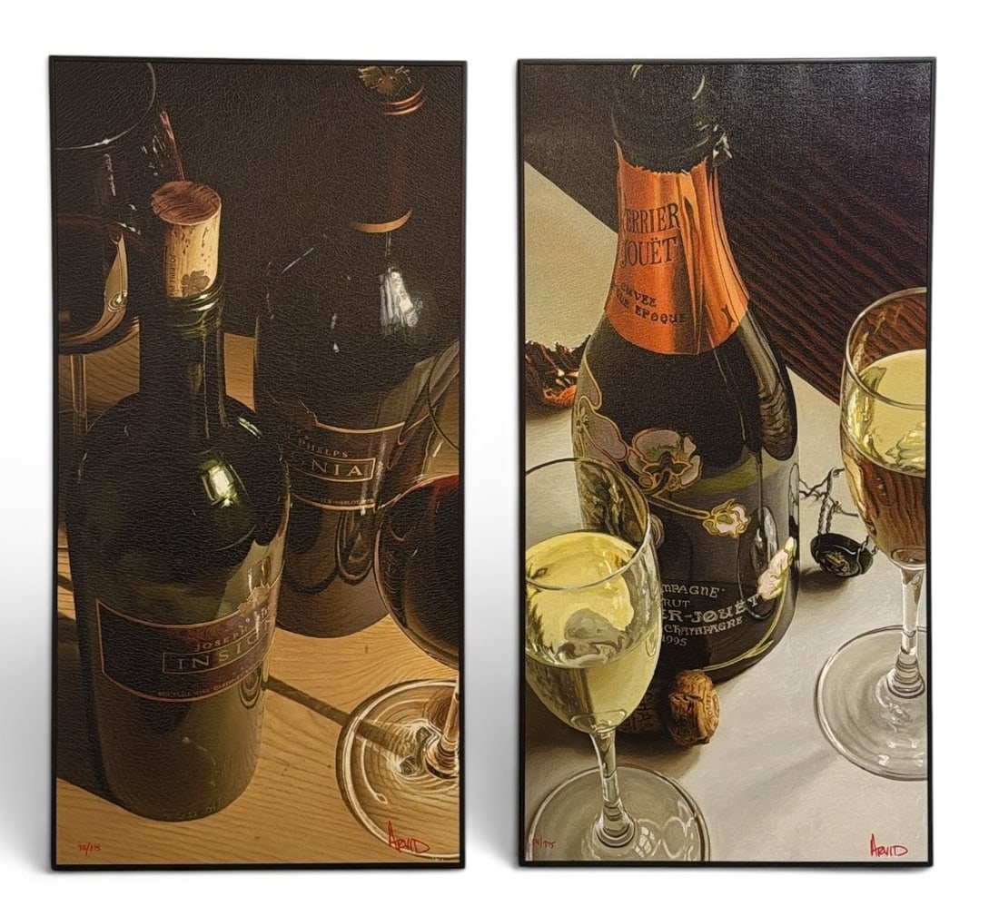 Two THOMAS ARVID (American, b.1964) Champagne Still Life Giclee Prints: Includes "A Budding Passion" numbered 54/375, c.2003 and "Right Place, Right Time "numbered 98/375. c.2005 giclee on canvas. Both measure approx. 43.5" x 22.5" x1.5"D in the frame. Sight measures