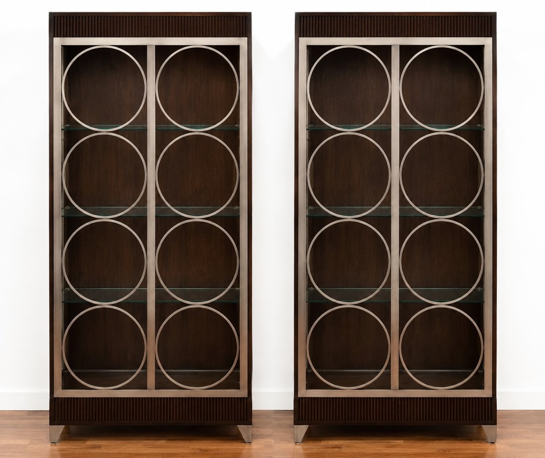 A Pair of ETHAN ALLEN Light Up Vitrine Cabinets: 85" H x 40" W x 18" D.