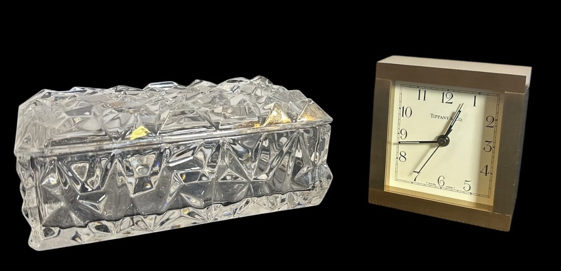 TIFFANY Desk Clock & Box: Clock 3.5" H x 3.25" W x 1.5"D, Box 2.5" X 6.5" X 4" D