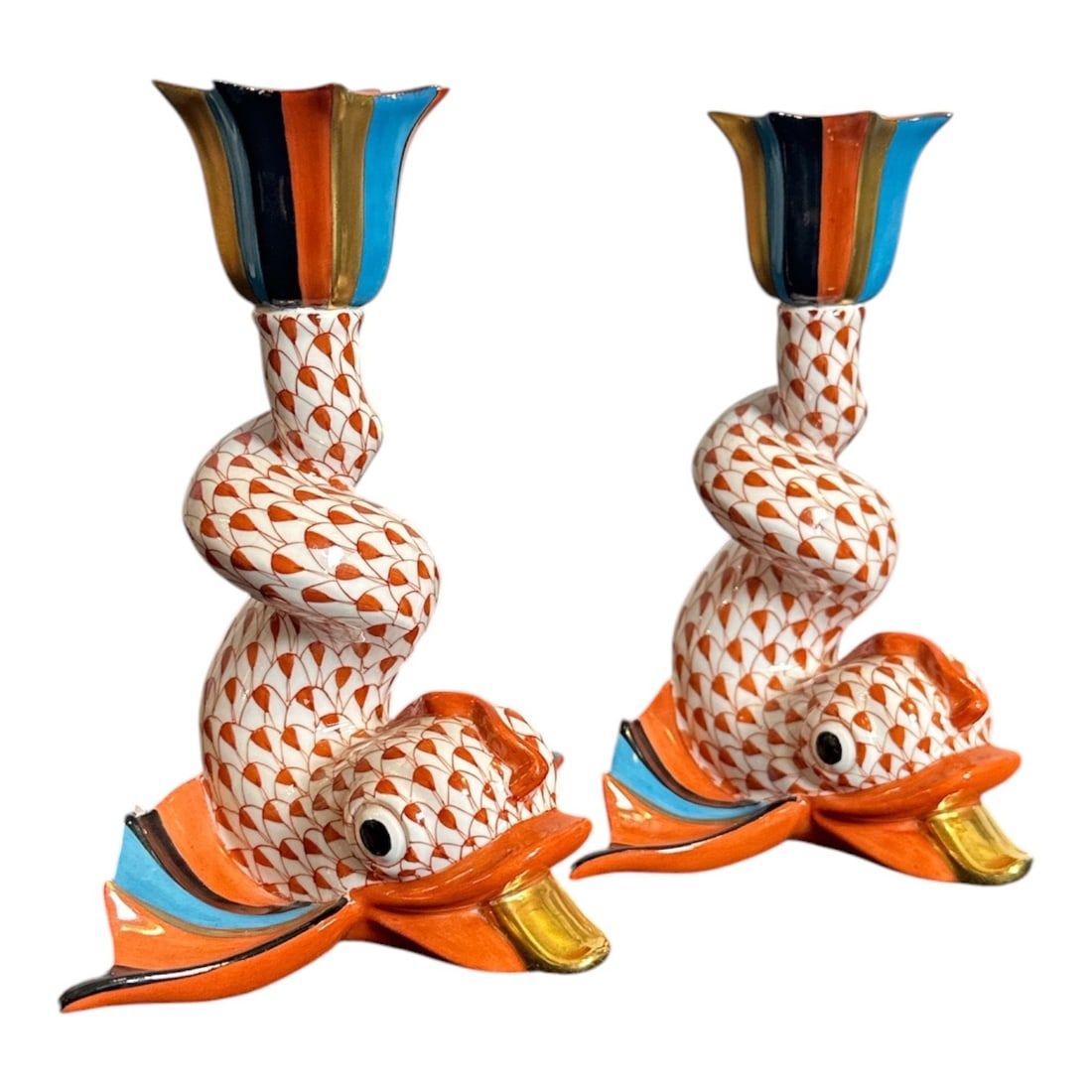 HEREND Fishnet Porcelain Dolphin Candleholders: Measures 5.75" H x 5.5" W x 3.75" D