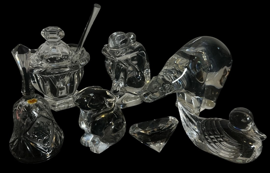 Collection BACCARAT & WATERFORD Figurines: Duck is Waterford, Baccarat Polar Bear is 4" H x 2.5" W x 6.5" D , bunny, woman and lidded jar are all Baccarat