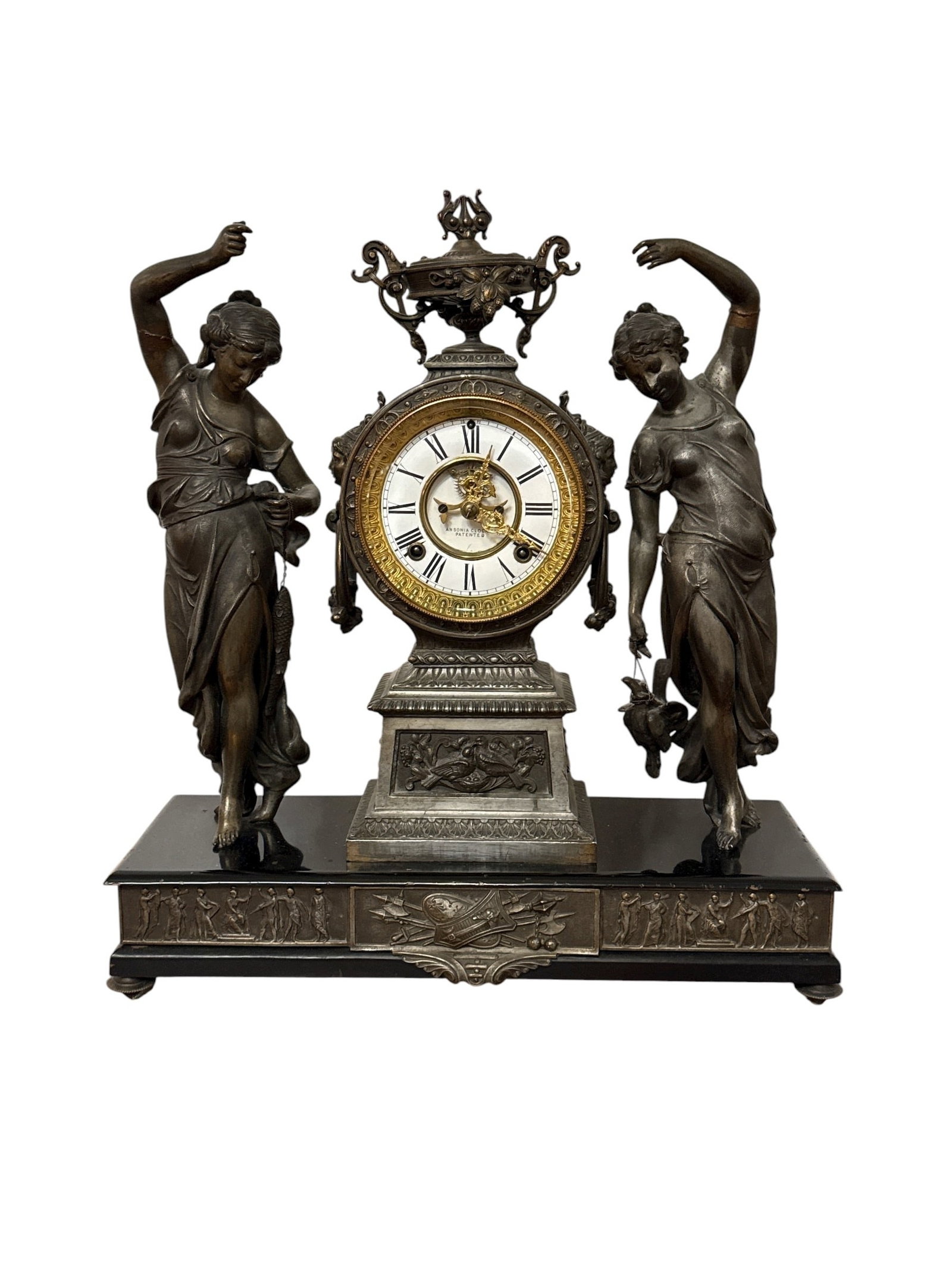 ANSONIA Fisher & Hunter Figural Mantle Clock: Measures 20.5" H x 18.5" W x 6.5" D.
