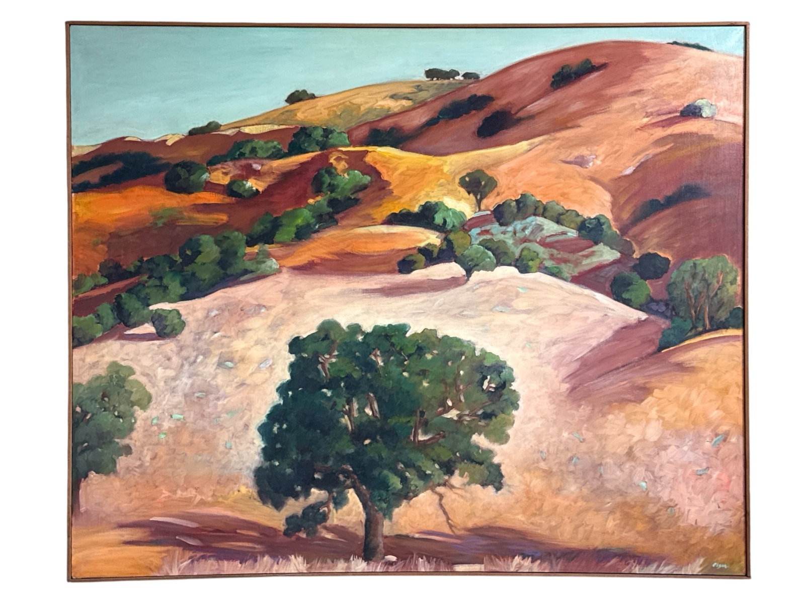 PEGGY OLSEN (b. 1937) Oak Tree Pastoral Landscape Painting: Oil painting on canvas. Signed in lower right corner. Measures 45" H x 55" W x 1.5" D, in frame. "P.Olsen, Oak Tree Pastoral, 1997" en verso. Sight measures 44" x 54"
