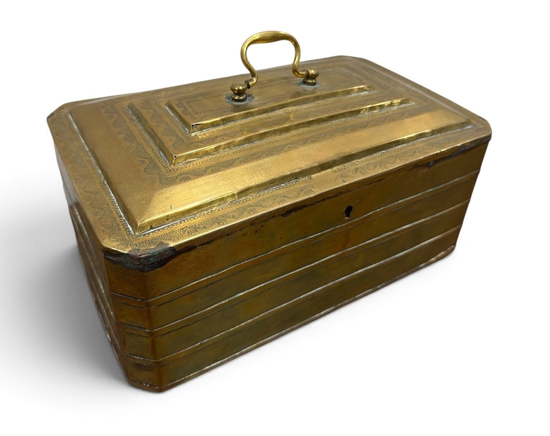 English Antique Brass Box: Measures 8" H with handle x 11.75" W x 7" D.