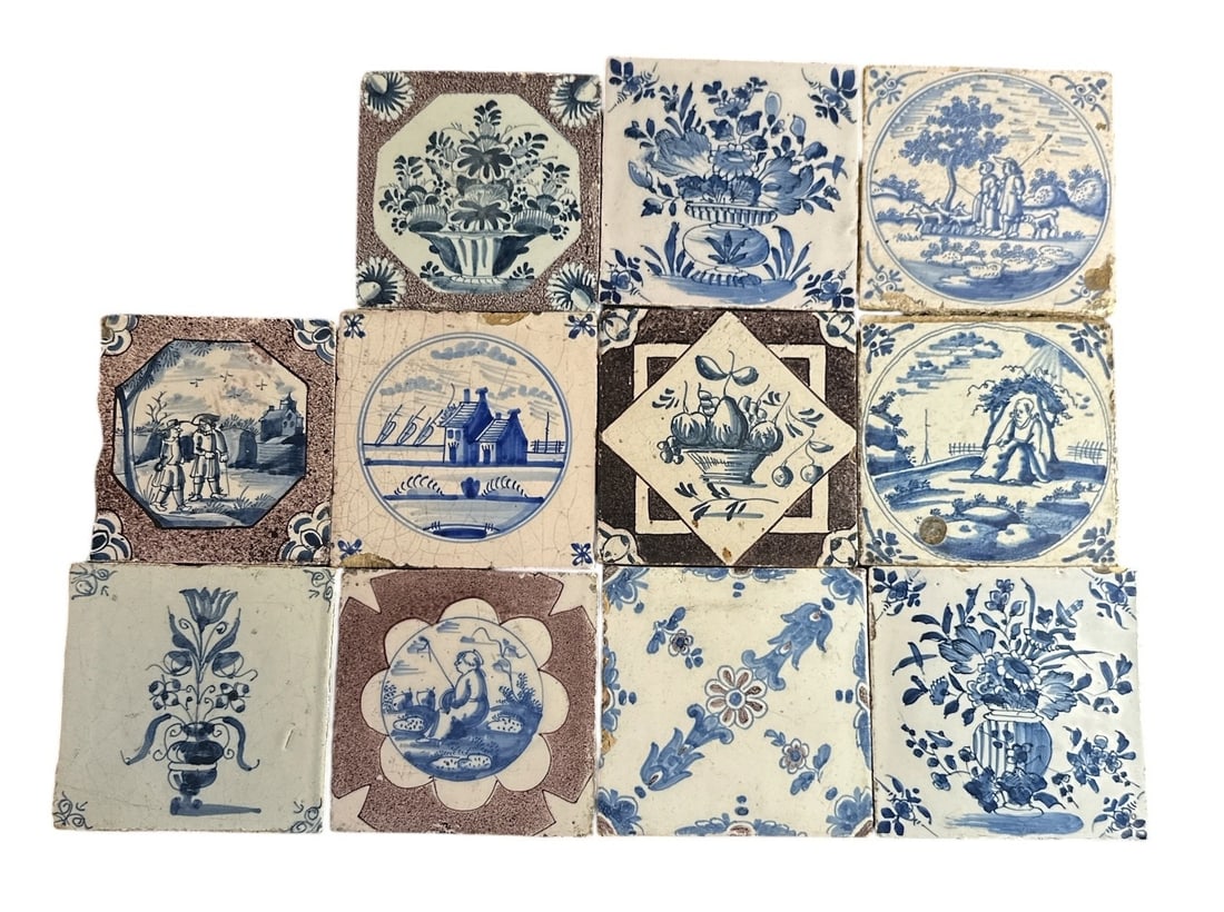 Antique Delft Porcelain Tiles: All but one measure 5.25 x 5.25x .25" d, 5.75 x 5 on the 1