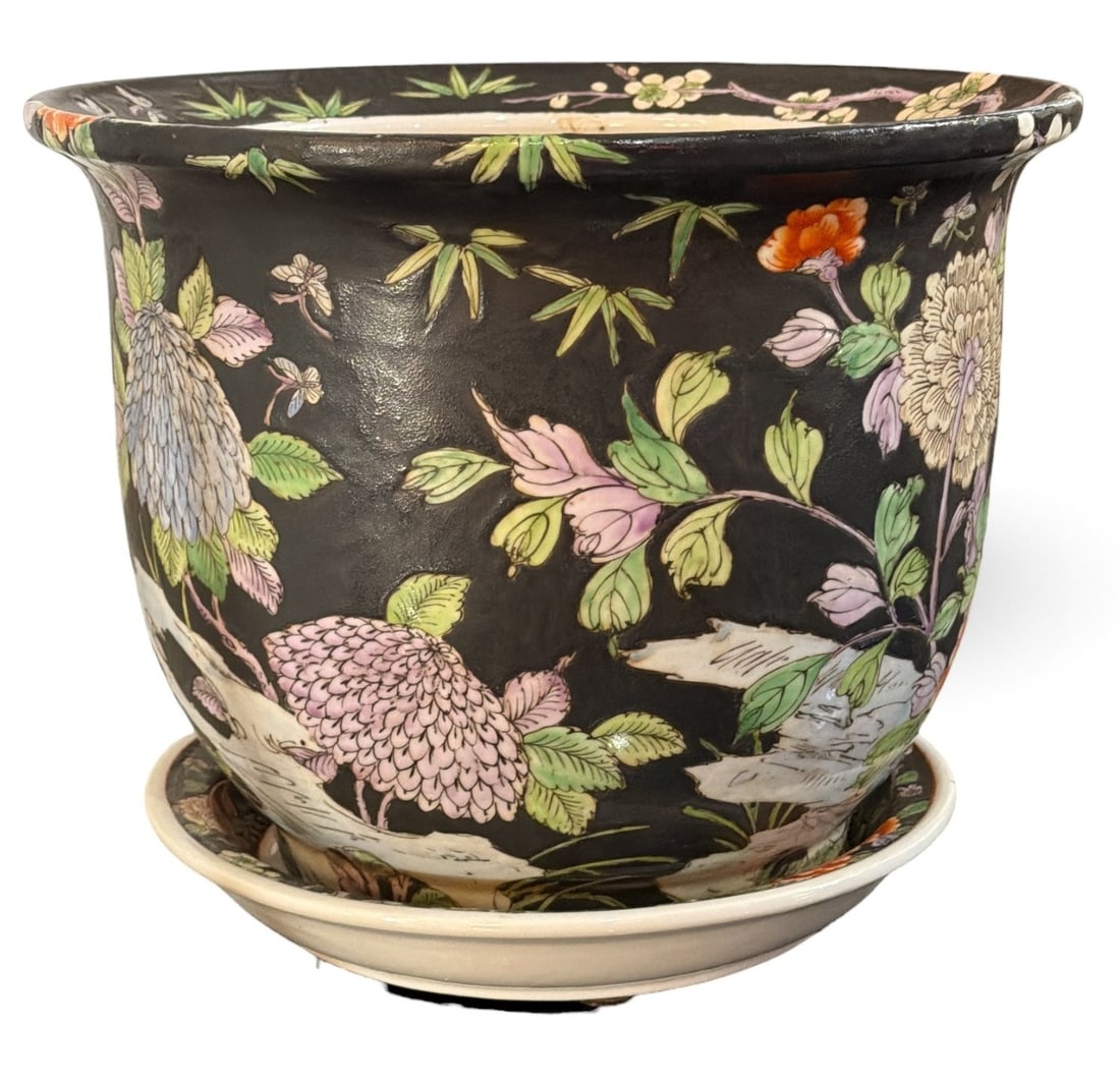 Chinese Black Porcelain Famillie Rose Fish Cachepot: Measures 10.25" H x 12.5" overall diameter. Artic Rose.