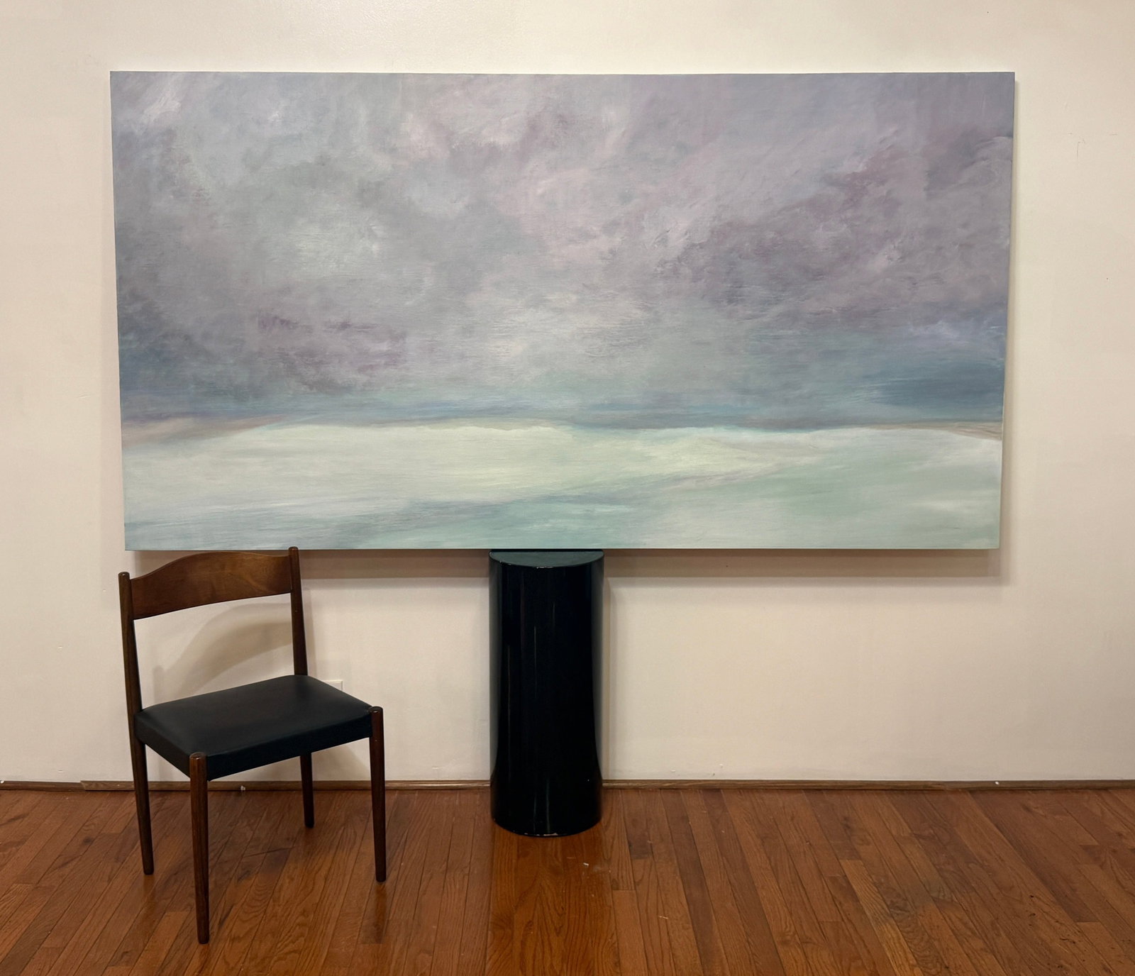 Substantial Blue Wash Landscape by THOMAS MASTERS (American, 20th C.): Measures 48" x 90.25" x 2" D. Titled "Serenity" signed, dated 2004, and dedicated en verso. Acrylic on board, mounted on board.