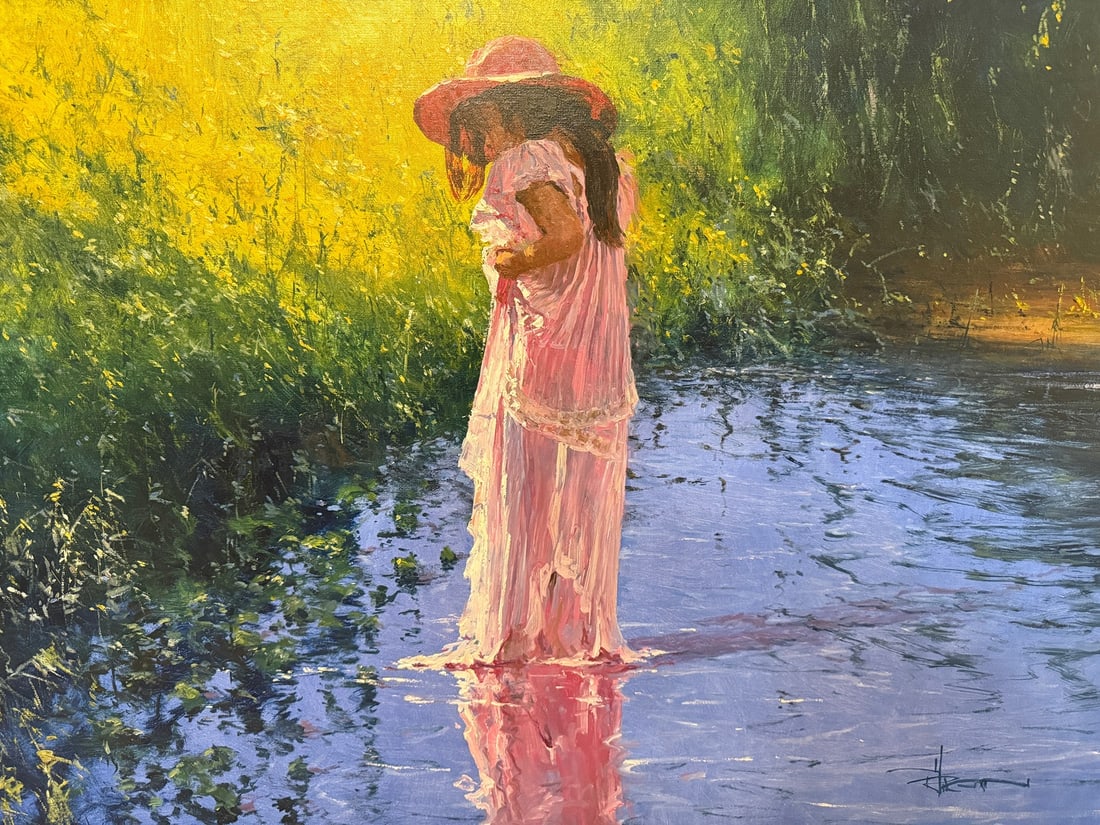 ROBERT HAGAN (Australian, b. 1947) "Pretty in Pink" Oil Painting: Oil on canvas. Circa 2005. Signed by artist in lower right hand corner. Measures 35.25" x 36.25" x1.75" D in the frame. Sight measures 30.5" x 30.75"