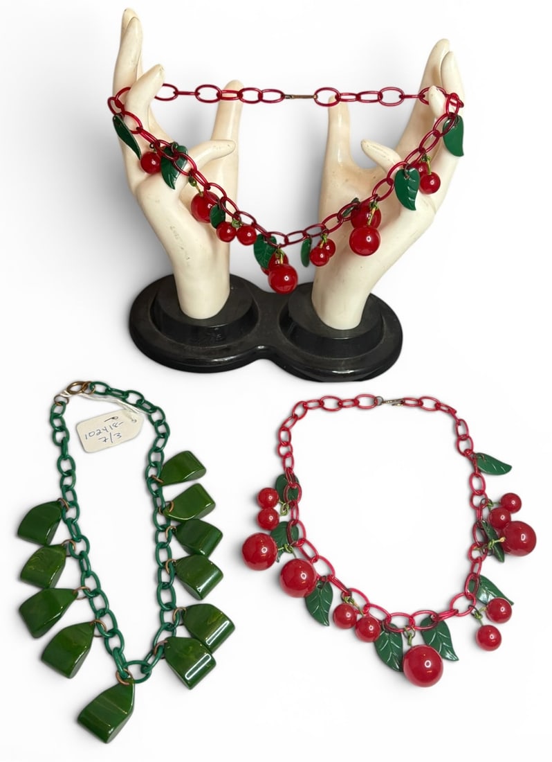 Three Bakelite Cherry & Leaf Necklaces - 3