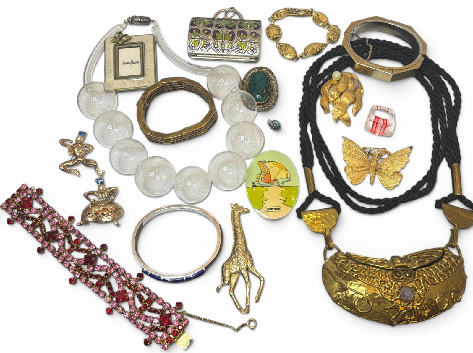 Collection of 20th C. Jewelry, PETER MAX, JUDITH LIEBER: Incredible examples of art deco and 20th century jewelry. The glass bubble necklace measures 18" total length, the largest bubbles measure approx. 1.25" diameter.