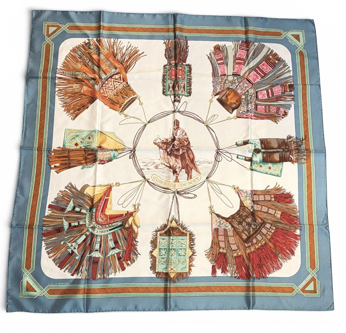 An HERMES Cuirs du Desert Carre 90 Silk Scarf: Measures approx. 35" x 35". Retains a Made in France Neiman Marcus tag.