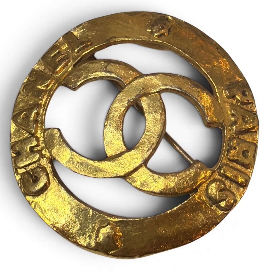 Vintage CHANEL PARIS Double CC Logo Brooch: Measures 1.5" diameter.