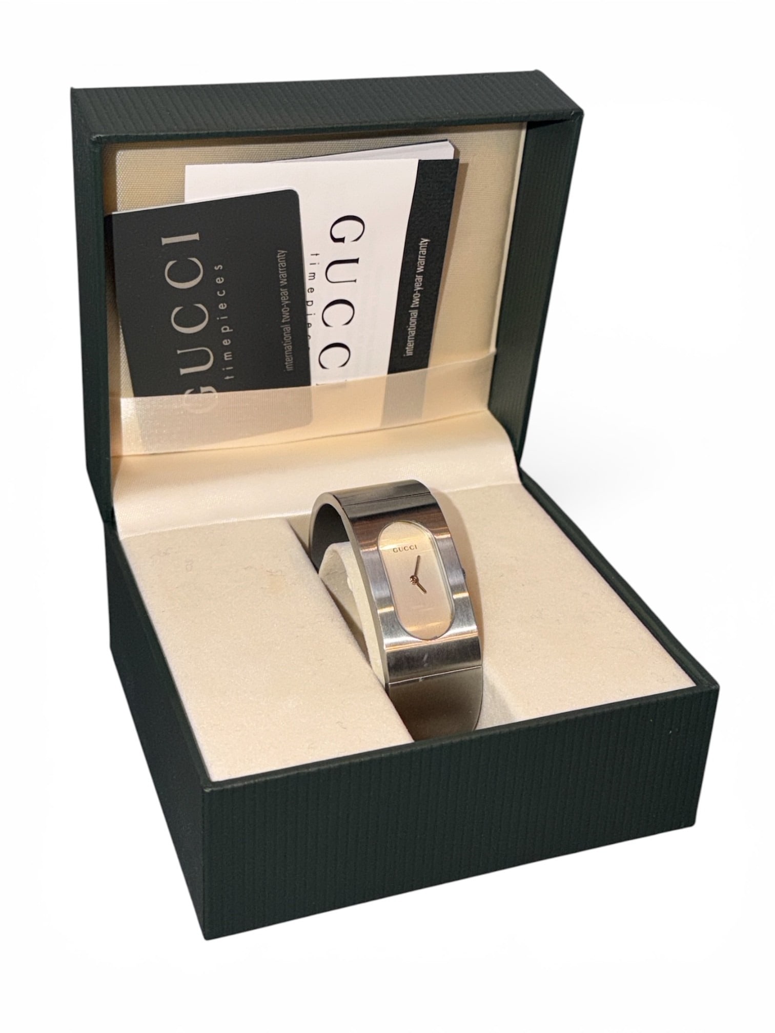 GUCCI Ladies 2400L Bangle Watch: Includes box and paper. Watch itself measures approx. 2.5" diameter. Model #22465.