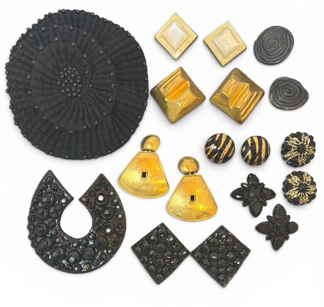 Collection of Designer Costume Jewelry, COOKE, VAUBEL, MARIE FERRA: Incredible assortment of designer, art deco, style costume jewelry. The large fabric brooch by Matsuda measures 5" diameter. See photos for all included pieces.