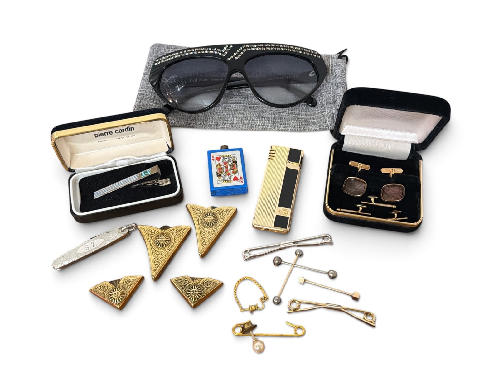 Collection Men's and Women's Accessories: Includes a vintage pair of Stendhal Paris with Swarovski crystal sunglasses, Swank formal wear set, western shirt collar tips, Taipei Fine Art Museum souvenir tie bar and clip, novelty playing card li