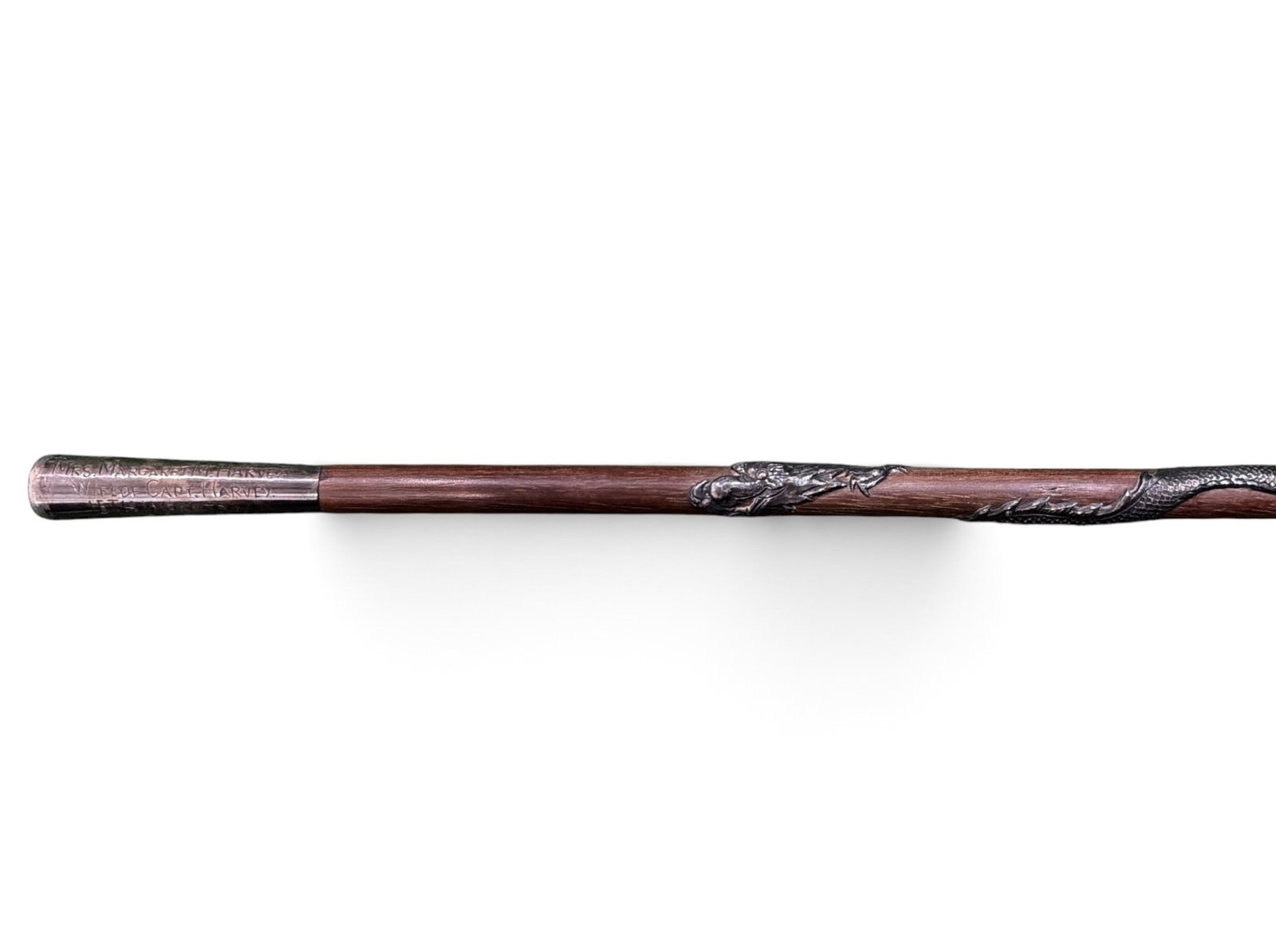 Antique Sterling Silver Commerative Military Walking Stick w/ Dragon Motif: Commemorating its presentation to wife of 15th Infantry captain. Etching reads "Mrs. Margaret M. Harvey. Wife of Capt. Harvey. 15th Infantry. 1923" etched into handle. Displays wrapping dragon around 