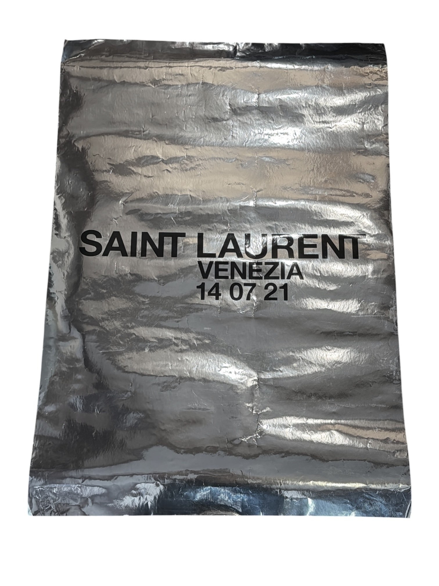 YVES SAINT LAURENT Metallic Foil Advertising Poster: Measures 39.25" x 27.5". "Saint Laurent Venezia 14 07 21"