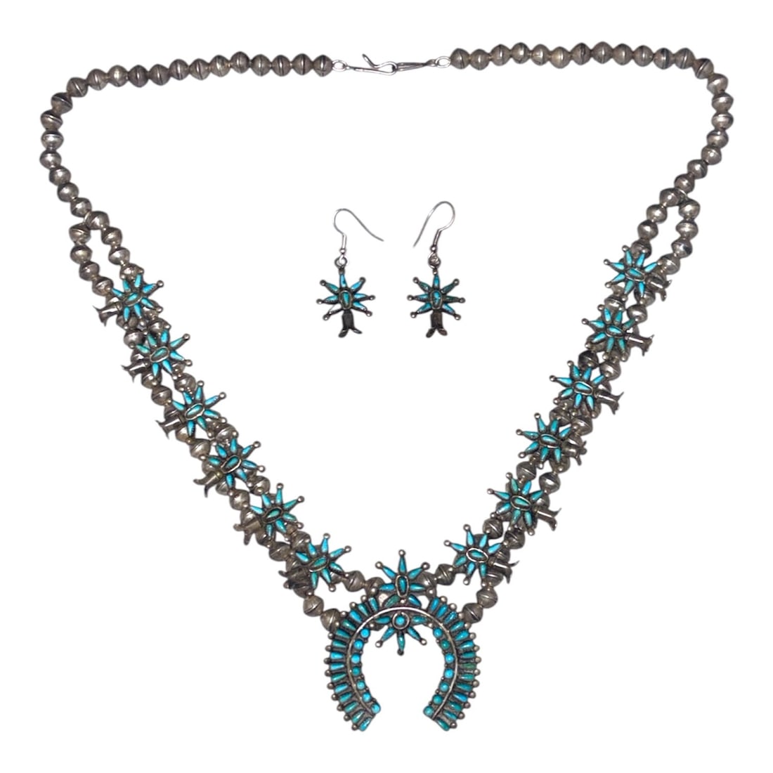 ZUNI Cluster Work Squash Blossom Necklace & Earrings, Sterling Silver Turquoise (1 of 5)
