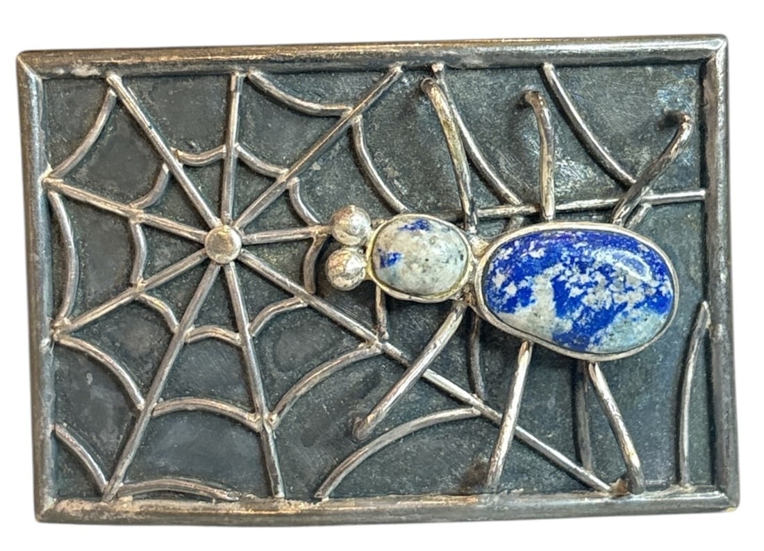 Southwestern Sterling Silver Spider & Web Belt Buckle: Measures 3" x 2" Marked and made by EDWARD H (TED) BOWLES, LAPIS & STERLING weight with stones 42.7 dwt